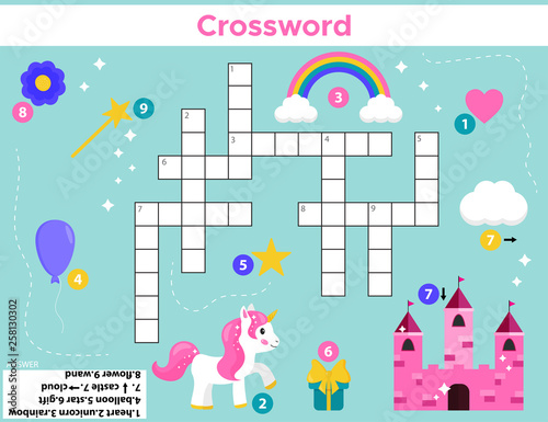 Crossword for preschool kids. Cartoon unicorn, magic wand, castle, flower, rainbow, stars and balloon. Educational game. Learning english.