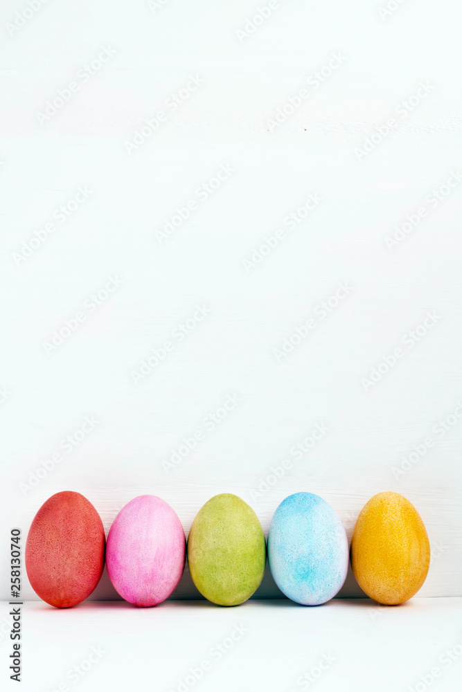 Easter eggs on white background. Side view. Happy Easter design template Easter eggs on white background. Side view. Happy Easter design template