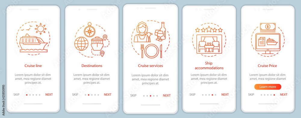 Naklejka premium Cruise information onboarding mobile app page screen with linear concepts