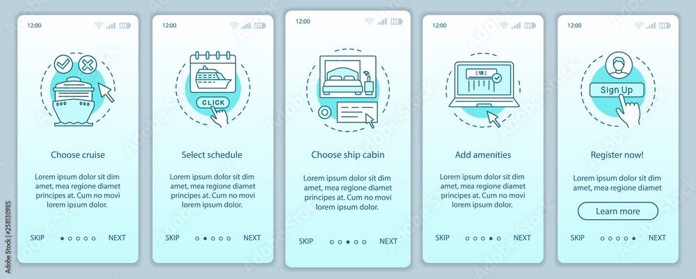 Online cruise booking onboarding mobile app page screen vector template