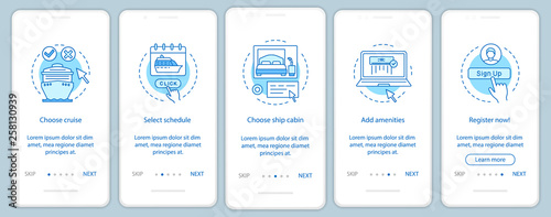 Online cruise booking onboarding mobile app page screen vector template