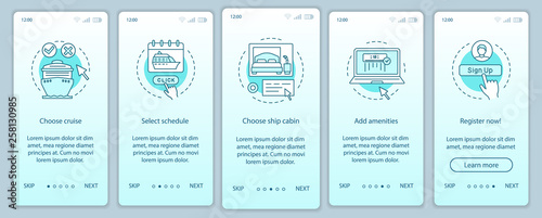 Online cruise booking onboarding mobile app page screen vector template
