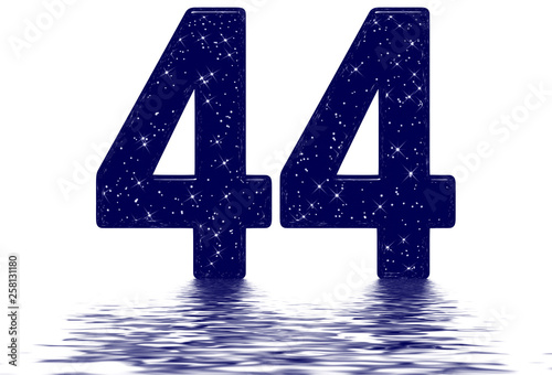 Numeral 44, forty four, star sky texture imitation, reflected on the water surface, isolated on white, 3d render photo