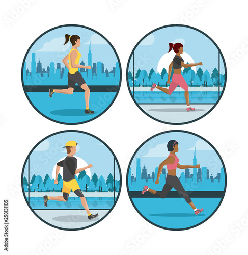 Fitness people running round icons