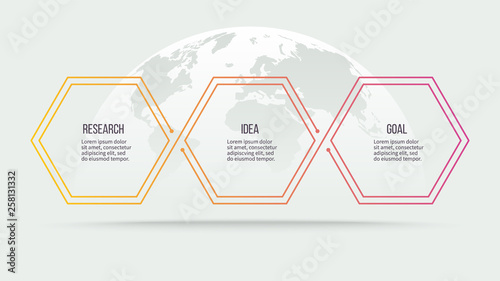 Business infographics. Timeline with 3 steps, options, hexagons. Vector template.