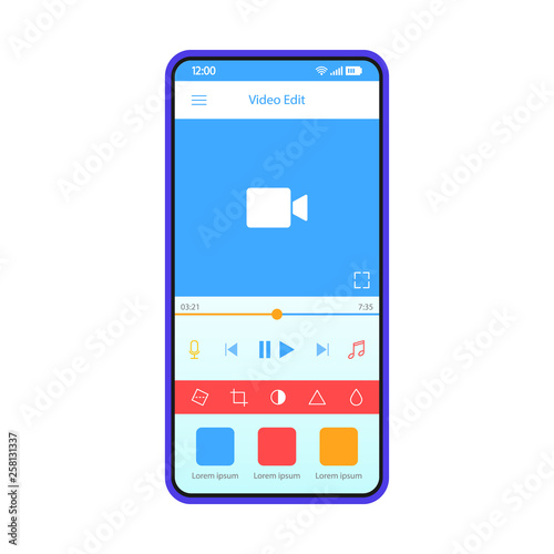 Video editing smartphone app interface vector template