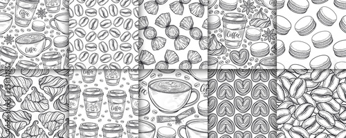 Coffee cups, beans, mugs, macaroons hand drawn seamless pattern set. Monochrome black and white vector background. Decorative sketch doodle illustration