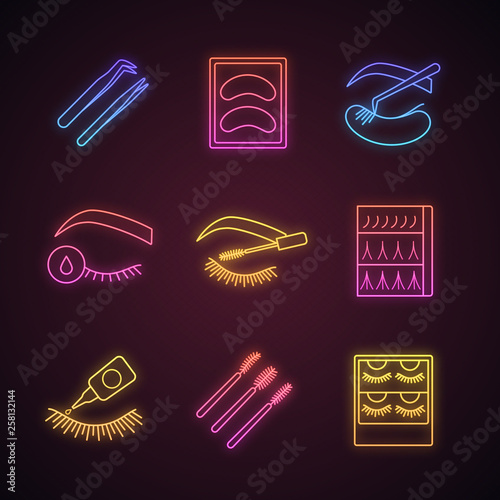 Eyelash extension neon light icons set