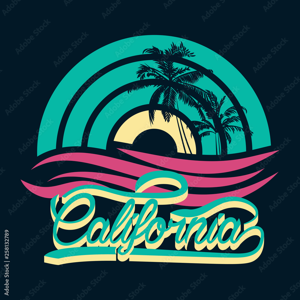 Surf t-shirt design. California sport wear emblem. Surfing paradise. Creative design. Vector illustration.
