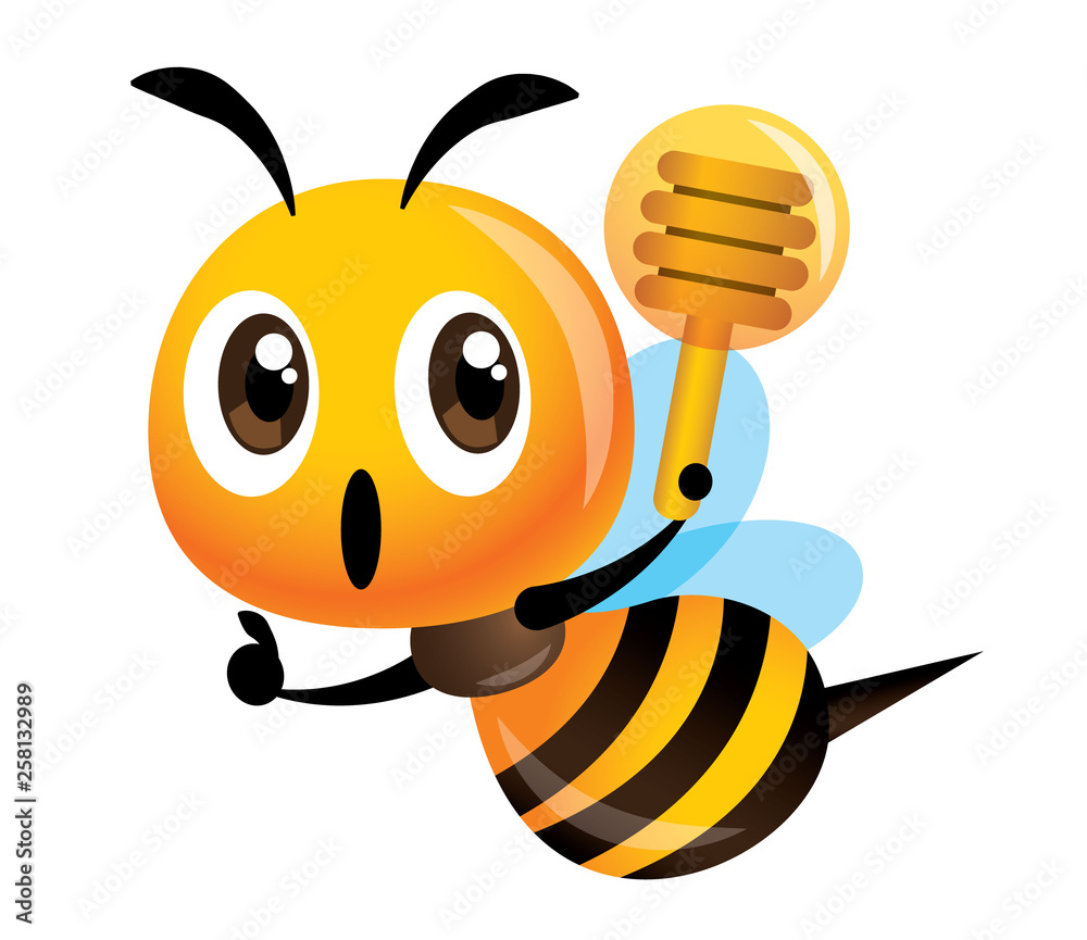 Cute bee holding a honey dipper with thumb up hand sign Cute bee holding a honey dipper with thumb up hand sign