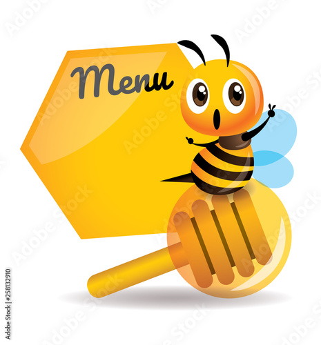 Cartoon cute bee sitting on the honey dipper with big menu board.