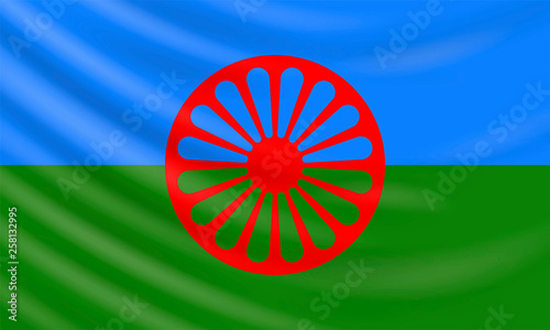 Background with realistic Romani flag on white background. Vector element for International Romani Day, International Romani Language Day, Roma Genocide Remembrance Day designs.