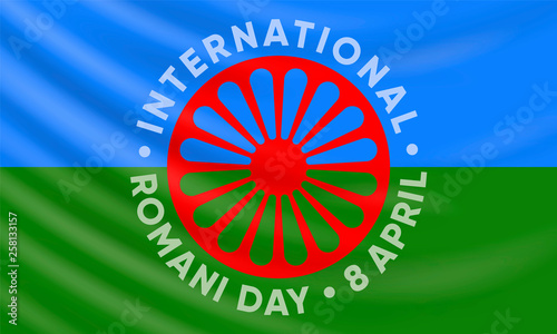 8th of April - International Romani Day. Vector banner design template with a realistic Romani flag and text.