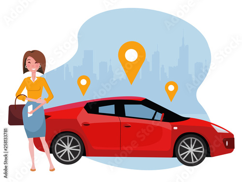 Woman with smartphone standing near car. Rent a car using mobile app. Online carsharing concept. Sport red car on background of silhouette of city and geolocation sign.Vector flat cartoon illustration