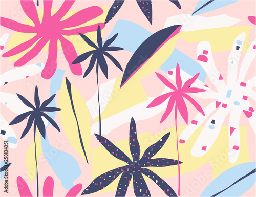 Modern exotic jungle plants illustration pattern. Creative collage contemporary floral seamless pattern. Fashionable template for design.