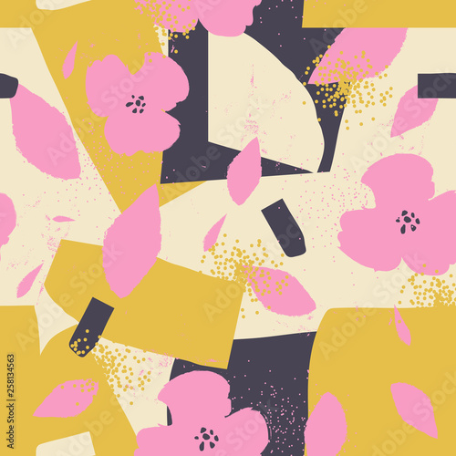 Modern exotic jungle plants illustration pattern. Creative collage contemporary floral seamless pattern. Fashionable template for design.