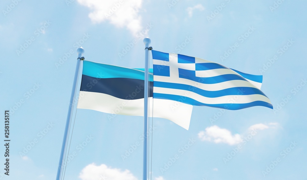 Greece and Estonia, two flags waving against blue sky. 3d image