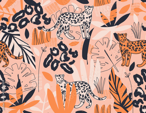 Modern exotic jungle illustration pattern with leopards. Creative collage contemporary floral seamless pattern. Fashionable template for design.