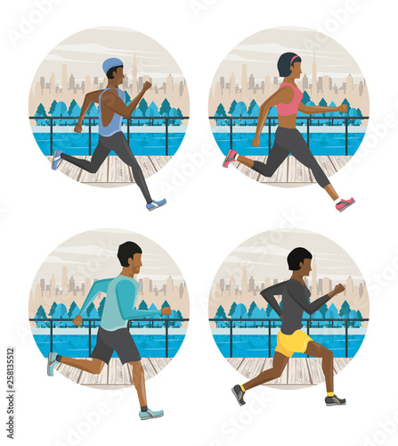 Fitness people running round icons