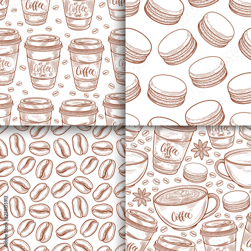 Coffee cups, beans, mugs, macaroons seamless pattern set. Vector background hand drawn in lines collection. Decorative sketch doodle illustration