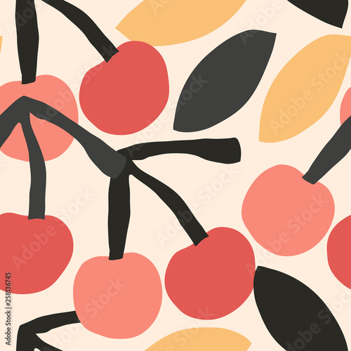 Seamless beautiful cherries pattern. Fashionable template for design. Vector illustration.