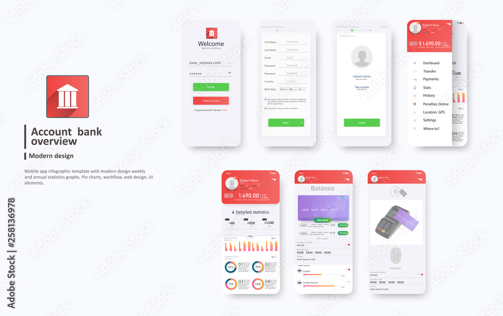 Mobile banking interface vector template. Online payment. . Digital currency. Online banking. Credit card icon set. Mobile payment technology concept. Mobile payment service. Internet technology.