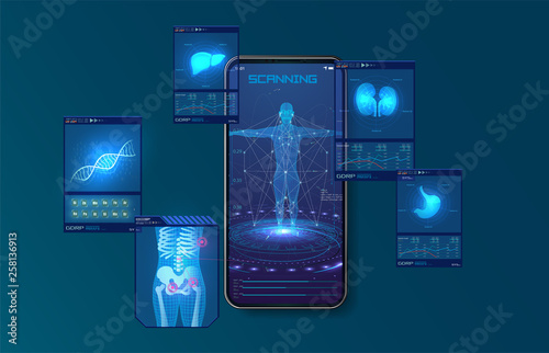 Scanning liver, lungs and skeleton scans a person with a mobile phone. Modern illustration for medical design.Health care. Futuristic interface. Display set of virtual interface elements. Vector