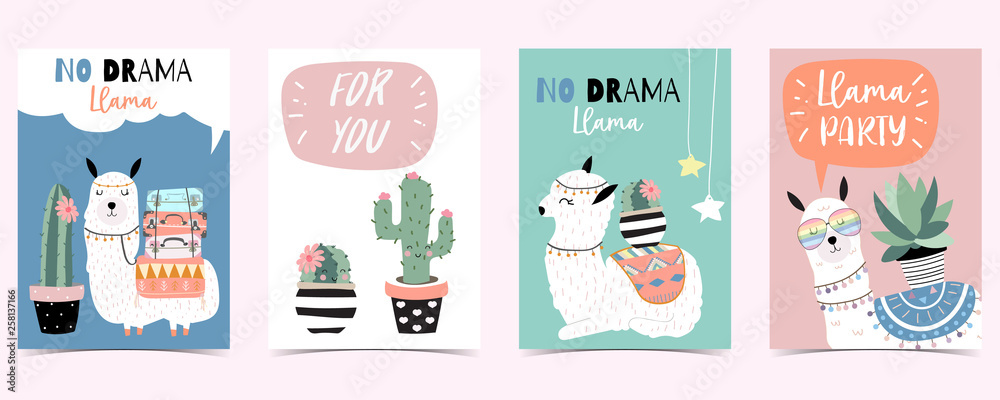 Blue pink hand drawn cute card with llama,cactus,glasses,heart.no drama llama