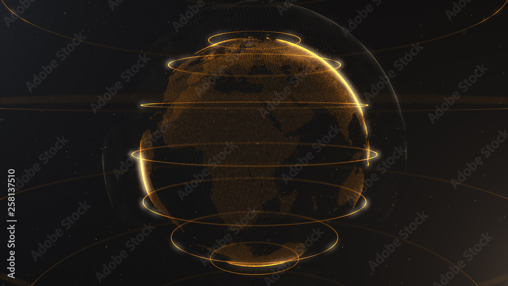 Abstract particle. Golden, orange inside the veilted loop, created of dots. Total black