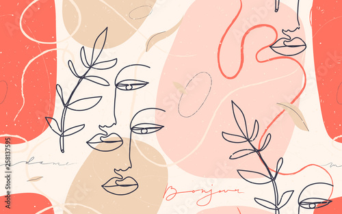 Modern fashion pattern with continuous line, drawing of woman face. Fashionable template for design. 