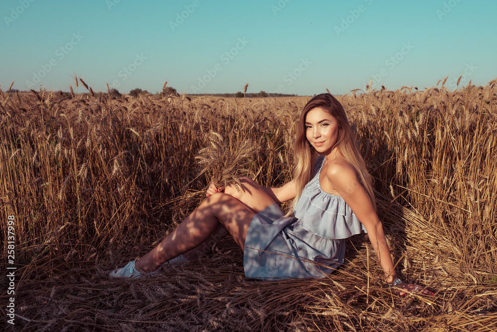 A beautiful woman in a wheat field, in summer, sits on wheat. Happy smiles, rests on nature. Emotions of joy, fun, pleasure, walking in the countryside. Long hair, tanned skin, dress.