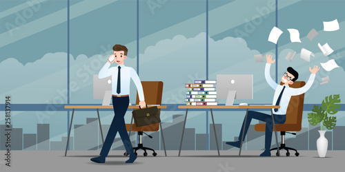 Businessman in different emotion. Two businessmen have contrast situation of work one can finished and going back home but the other one is very confused and busy. Illustration vector design.