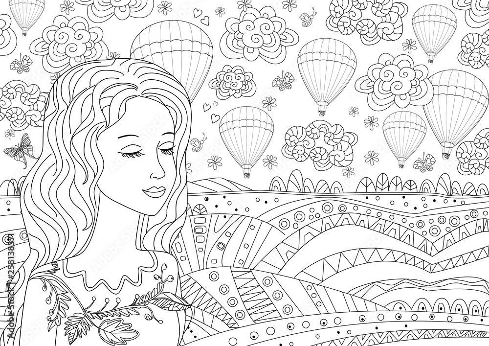 happy girl in rural landscape for your coloring page Stock Vector ...