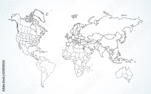 World map. Continents with the contours of the countries. Vector drawing