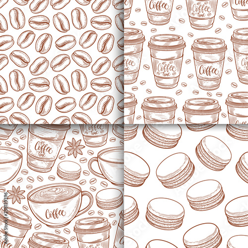 Coffee cups, beans, mugs, macaroons seamless pattern set. Vector background hand drawn in lines collection. Decorative sketch doodle illustration