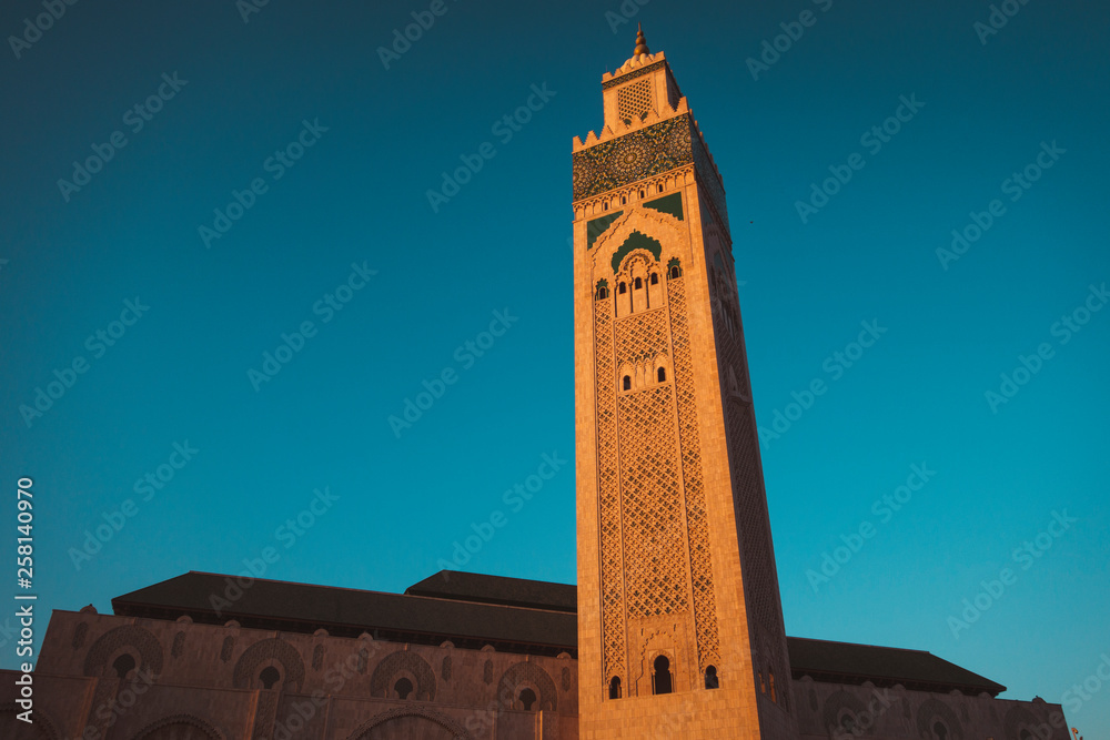 low angle view of Hassan II mosque tower - Casablanca, Morocco
