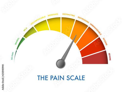 Pain measurement scale 0 to 10, mild to intense and severe. Assessment medical tool. Arch chart indicates pain stages and evaluate suffering. Vector illustration clipart photo