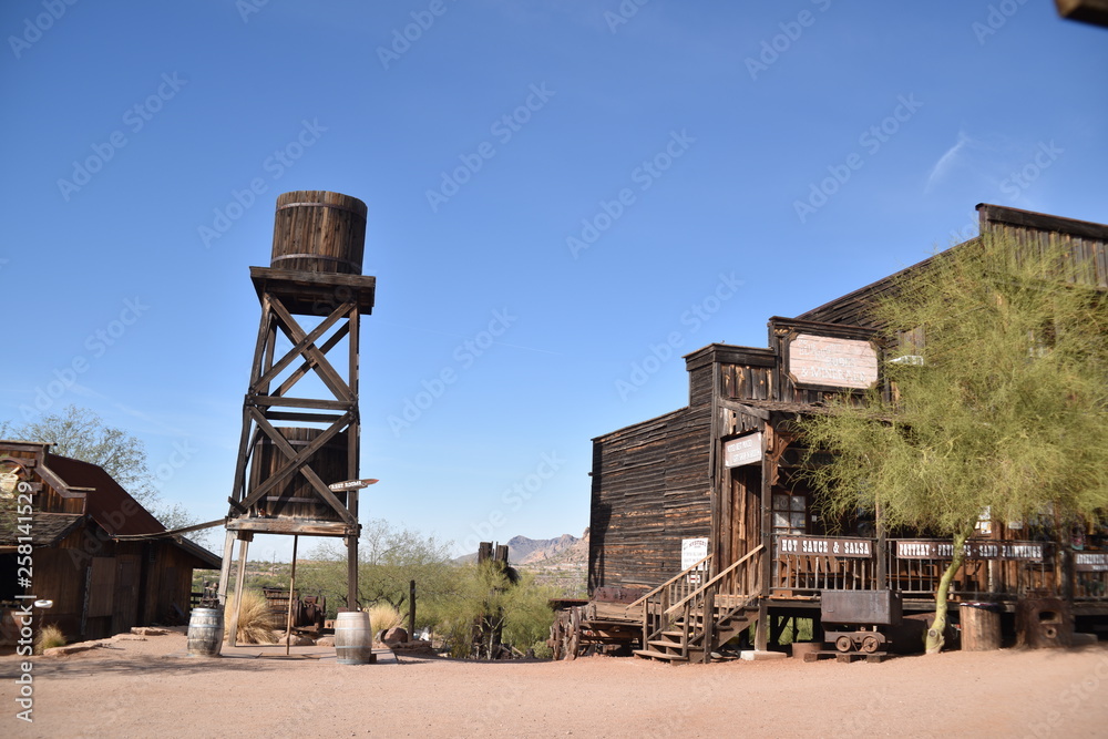 Apache Junction, AZ., 85119. U.S.A. Jan. 15, 2018. Goldfield ghost town. Gold mining from 1892; stopped circa 1921. Tourist arrived 1988. Weathered wooden buildings, quaint shops and saloon. Apache Junction, AZ., 85119. U.S.A. Jan. 15, 2018. Goldfield ghost town. Gold mining from 1892; stopped circa 1921. Tourist arrived 1988. Weathered wooden buildings, quaint shops and saloon.