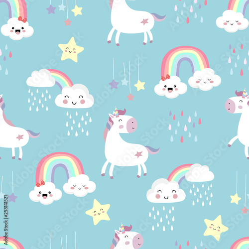 Pink blue violet hand drawn seamless pattern with rainbow heart cloud unicorn and rain
