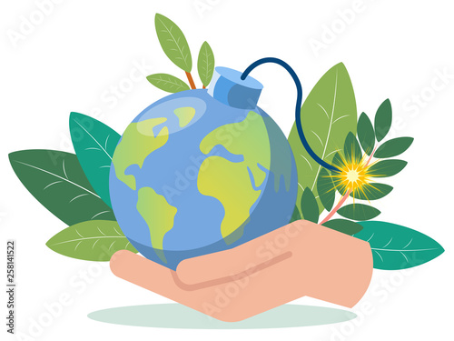 A hand is holding a planet earth imitation bomb. In minimalist style. Flat isometric vector