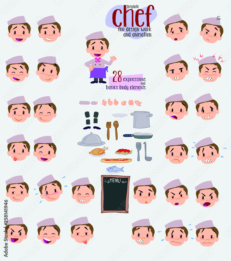 Chef. Twenty eight expressions and basics body elements, template for design work and animation. Vector illustration to Isolated and funny cartoon character. Chef. Twenty eight expressions and basics body elements, template for design work and animation. Vector illustration to Isolated and funny cartoon character.