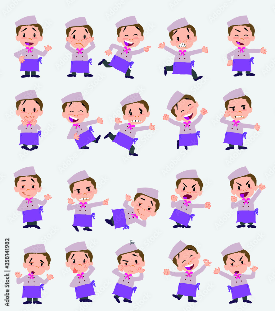 Cartoon character chef. Set with different postures, attitudes and poses, doing different activities in isolated vector illustrations. Cartoon character chef. Set with different postures, attitudes and poses, doing different activities in isolated vector illustrations.