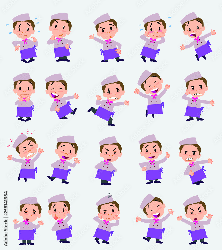 Cartoon character chef. Set with different postures, attitudes and poses, doing different activities in isolated vector illustrations. Cartoon character chef. Set with different postures, attitudes and poses, doing different activities in isolated vector illustrations.