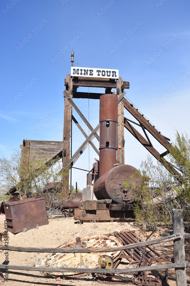 Apache Junction, AZ., 85119. U.S.A. Jan. 15, 2018. Goldfield ghost town. Gold mining from 1892; stopped circa 1921. Tourist arrived 1988. Weathered wooden buildings, quaint shops and saloon. Apache Junction, AZ., 85119. U.S.A. Jan. 15, 2018. Goldfield ghost town. Gold mining from 1892; stopped circa 1921. Tourist arrived 1988. Weathered wooden buildings, quaint shops and saloon.