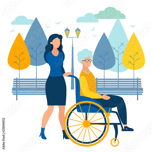 Girl help old woman on wheelchair vector