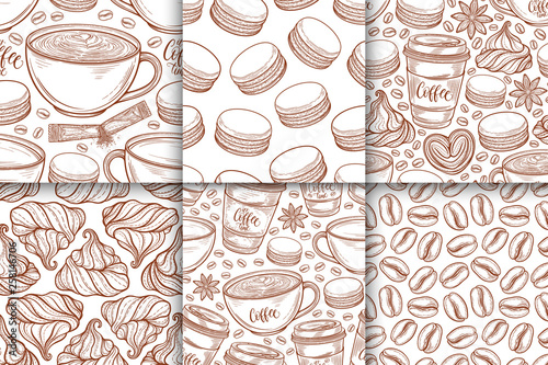 Coffee cups, beans, mugs, macaroons seamless pattern set. Vector background hand drawn in lines collection. Decorative sketch doodle illustration