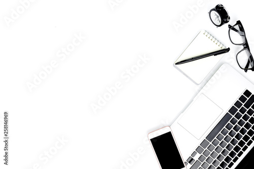 Wallpaper Mural Creative flat lay photo of modern workplace with laptop, top view laptop background and copy space on white background, Above view shot of Computers on white background Torontodigital.ca