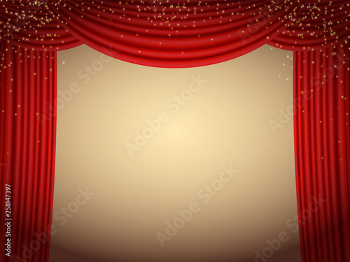Scene background with red curtains banner for concerts, performances, advertisement posters. Elegant event frame with empty space ready for the evening party, broadway show, cabaret atmosphere, ads.