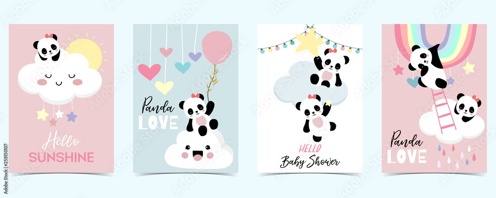 Colorful hand drawn cute card with rainbow,heart,cloud,panda and rain.Hello sunshine Colorful hand drawn cute card with rainbow,heart,cloud,panda and rain.Hello sunshine