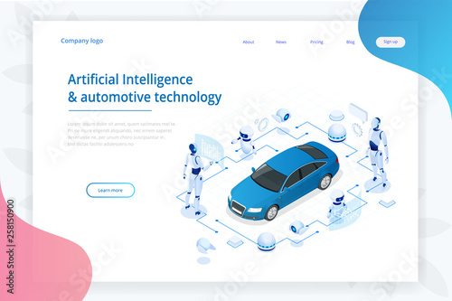 Isometric Cybernetic Robots works with a virtual interface in augmented reality. Virtual computer development of a car model using artificial intelligence. Future concept.